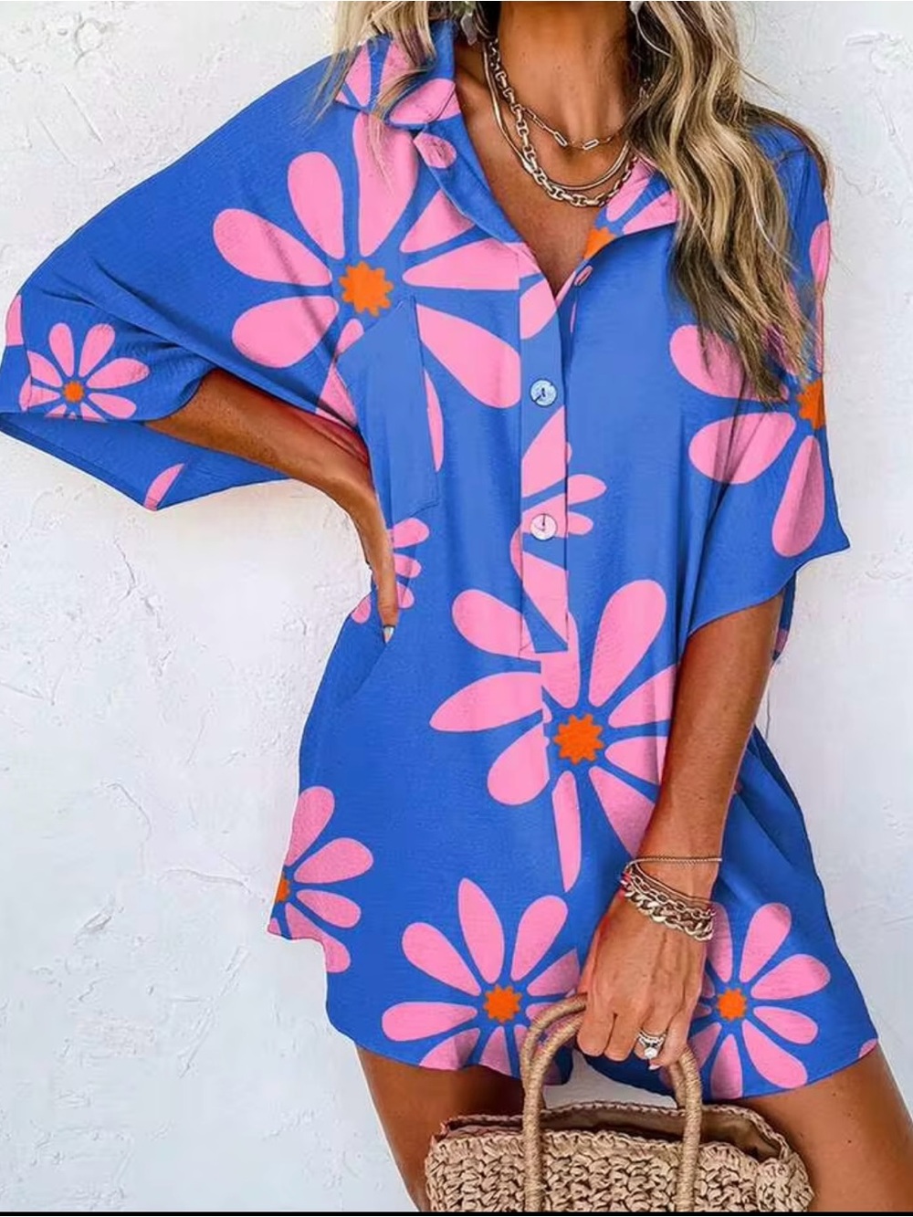 NEW Blue “Flower Power” Romper/Shorts with Pink Daisies